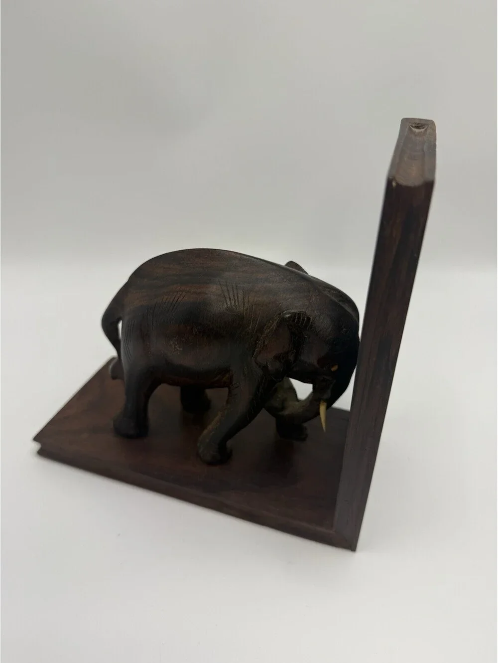 Vintage Hand Carved Wood Elephant Bookend Burl wood w/tusks